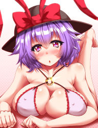 Rule 34 | 1girl, bikini, blush, bow, breasts, breasts squeezed together, cleavage, collarbone, commentary request, covered navel, frilled bikini, frills, gradient background, hat, hat bow, highres, large breasts, legs up, lying, multicolored hair, nagae iku, on stomach, open mouth, pink bikini, purple hair, red eyes, solo, swimsuit, touhou, zan (harukahime)