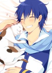 Rule 34 | 1boy, bed sheet, blue hair, blue nails, blush, cat, closed eyes, collarbone, from below, grin, hair between eyes, kaito (vocaloid), long sleeves, lying, male focus, nail polish, nokuhashi, on back, smile, solo, upper body, vocaloid