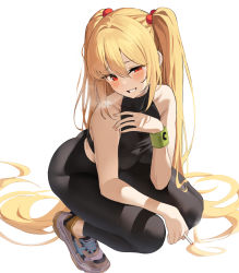 Rule 34 | 1girl, bare shoulders, black shirt, blonde hair, blush, breasts, cigarette, cleavage, collarbone, commentary, crop top, hair bobbles, hair ornament, halterneck, highres, k pring, large breasts, long hair, looking at viewer, original, pants, red eyes, sayuri (k pring), shirt, smile, smoking, solo, symbol-only commentary, twintails, yoga pants