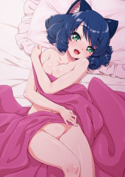 Rule 34 | 10s, 1girl, :d, animal ears, bed sheet, blue hair, blush, breasts, cleavage, collarbone, cyan (show by rock!!), drill hair, eyebrows, frilled pillow, frills, green eyes, groin, lying, nude, on back, open mouth, pillow, ringlets, senzoc, show by rock!!, smile, solo, thighs