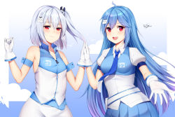 Rule 34 | 2girls, absurdres, artist name, bad id, bad pixiv id, bili girl 22, bili girl 33, bilibili, blue hair, blue neckwear, blue skirt, blush, breasts, closed mouth, collarbone, collared shirt, dated, gloves, highres, long hair, looking at viewer, medium breasts, multicolored neckwear, multiple girls, necktie, open mouth, puffy short sleeves, puffy sleeves, shirt, short hair, short ponytail, short sleeves, side ponytail, signature, silver hair, skirt, sleeveless, smile, taitai, white gloves, white neckwear, white skirt