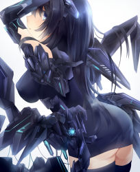 Rule 34 | 1girl, arms up, ass, black dress, black hair, black thighhighs, blue eyes, breasts, commentary, covered erect nipples, dress, large breasts, long hair, looking at viewer, looking back, mecha musume, mechanical wings, original, parted lips, simple background, skin tight, solo, thighhighs, thighs, tlla, white background, wings