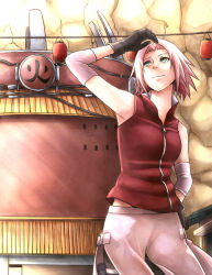 Rule 34 | 1girl, arm up, arm warmers, armpits, bandages, bare shoulders, bike shorts, black gloves, breasts, building, cowboy shot, gloves, green eyes, hand on own hip, haruno sakura, headband, holster, light smile, looking to the side, looking up, miniskirt, naruto, naruto (series), outdoors, pink hair, pink skirt, red shirt, shirt, short hair, shorts, shorts under skirt, side slit, skirt, sleeveless, sleeveless shirt, smile, solo, thigh holster, zipper