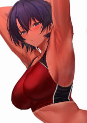 Rule 34 | 1girl, absurdres, armpits, arms behind head, arms up, bare shoulders, blush, breasts, highres, large breasts, looking at viewer, mole, mole under eye, open mouth, original, purple eyes, purple hair, red sports bra, short hair, solo, sports bra, sweat, two-tone sports bra, ulrich (tagaragakuin)