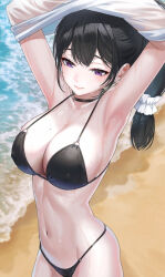 Rule 34 | 1girl, armpits, arms up, bare shoulders, beach, bikini, black bikini, black choker, black hair, breasts, choker, cleavage, closed mouth, clothes lift, collarbone, covered erect nipples, highres, kfr, large breasts, lifting own clothes, long hair, looking at viewer, low-tied long hair, mole, mole on breast, navel, original, purple eyes, revision, shirt, shirt lift, smile, solo, stomach, strap gap, swimsuit, thighs, wet, wet clothes, wet shirt, white shirt