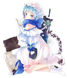 Rule 34 | 1girl, absurdres, ahoge, assault rifle, bad id, bad pixiv id, bare shoulders, blue bow, blue eyes, blue hair, blue scarf, blush, bow, commentary, dress, frilled pillow, frills, from behind, girls&#039; frontline, gun, hair ornament, hairclip, hat, hat bow, highres, holding, inkwell, kalashnikov rifle, looking at viewer, looking back, merry christmas, nail polish, no shoes, off-shoulder dress, off shoulder, official alternate costume, pillow, quill, ribbon, rifle, scarf, snow, snow globe, socks, striped ribbon, tsukiyo (skymint), weapon, white bow, white dress, white headwear, white legwear, white ribbon, zas m21 (girls&#039; frontline), zas m21 (gunshot in the snow) (girls&#039; frontline), zastava m21