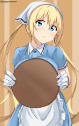 Rule 34 | 1girl, apron, bad id, bad pixiv id, blend s, blonde hair, blue eyes, blue shirt, blue skirt, brown background, closed mouth, commentary request, frilled apron, frills, gloves, hair between eyes, head scarf, head tilt, hinata kaho, holding, holding tray, long hair, looking at viewer, shirt, short sleeves, sidelocks, simple background, skirt, solo, tasora, tray, twintails, twitter username, uniform, v-shaped eyebrows, very long hair, waist apron, waitress, white apron, white gloves