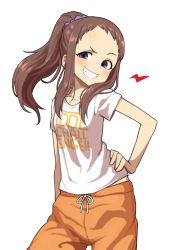 Rule 34 | 1girl, arm at side, bare arms, blush, brown hair, clothes writing, collarbone, cowboy shot, doyagao, forehead, gazacy (dai), grin, hair over shoulder, hand on own hip, highres, idolmaster, idolmaster cinderella girls, koseki reina, lightning bolt symbol, long hair, looking at viewer, oversized clothes, pants, ponytail, purple eyes, raised eyebrow, scrunchie, shirt, simple background, smile, smug, solo, sweatpants, t-shirt, upper body, white background, white shirt