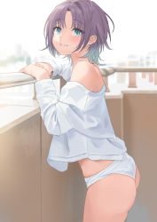 Rule 34 | 1girl, against railing, aqua eyes, aqua hair, asakura toru, ass, balcony, bare shoulders, blurry, blurry background, blush, commentary request, cowboy shot, day, from side, gradient hair, hami dmg, hands up, idolmaster, idolmaster shiny colors, against railing, long sleeves, looking away, looking to the side, multicolored hair, no pants, off shoulder, outdoors, panties, parted bangs, parted lips, purple hair, railing, shirt, short hair, sidelocks, smile, solo, standing, two-tone hair, underwear, white panties, white shirt