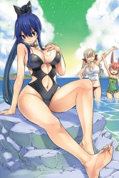 Rule 34 | 3girls, :d, absurdres, animal ears, arm up, barefoot, bikini, bikini bottom only, black one-piece swimsuit, blue hair, bow, breasts, casual one-piece swimsuit, choker, closed eyes, clothing cutout, cloud, collarbone, day, eden&#039;s zero, frilled swimsuit, frills, full body, green one-piece swimsuit, green sky, grin, hair between eyes, hair bow, heart, heart print, highres, homura kogetsu, large breasts, long hair, looking at viewer, mashima hiro, mole, mole under eye, multiple girls, navel, ocean, official art, one-piece swimsuit, open mouth, outdoors, pink hair, pino (eden&#039;s zero), rabbit ears, rebecca bluegarden, red bikini, red bow, red eyes, shirt, short hair, silver hair, sitting, sleeveless, sleeveless shirt, smile, soles, stomach cutout, strapless, strapless one-piece swimsuit, swimsuit, very long hair, wading, white shirt