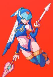 Rule 34 | 1girl, android, blue eyes, boots, breasts, fairy leviathan (mega man), gloves, helmet, holding, holding polearm, holding weapon, looking at viewer, medium breasts, mega man (series), mega man zero (series), metric80019, polearm, red background, robot, robot girl, simple background, small breasts, smile, solo, spear, thigh boots, thighhighs, weapon, white gloves