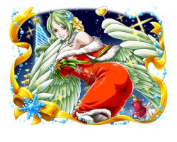 Rule 34 | 1girl, alcohol, champagne, christmas tree, dress, feathered wings, green hair, hair ornament, harpy, long hair, looking at viewer, monet (one piece), monster girl, night, night sky, official art, one piece, one piece treasure cruise, orange eyes, red dress, ribbon, sky, snowflakes, wings, yellow ribbon