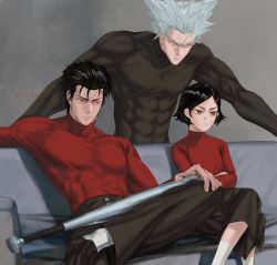 Rule 34 | 1girl, 2boys, abs, baseball bat, black eyes, black hair, black skirt, brother and sister, brown eyes, closed mouth, couch, crossed arms, frown, garou (one-punch man), grey hair, hair ornament, hair slicked back, hairpin, highres, kinzoku bat, long sleeves, looking away, marrbl, multiple boys, muscular, muscular male, on couch, one-punch man, pants, parted bangs, pointy hair, scar, scar on face, shoes, short hair, siblings, sitting, skin tight, skirt, socks, spiked hair, tight clothes, turtleneck, weapon, white legwear, yellow eyes, zenko (one-punch man)