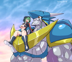Rule 34 | 1girl, akeikou, artist name, bike shorts, bikini, bikini top only, black bikini, black jacket, boots, breasts, brown eyes, cleavage, commentary request, covered erect nipples, digimon, digimon (creature), digimon world re:digitize, dragon, full body, goggles, goggles around neck, green hair, hair between eyes, highres, hood, hood up, hooded jacket, hoodie, jacket, large breasts, long sleeves, looking at another, open clothes, open jacket, open mouth, orange eyes, outdoors, partially unzipped, red eyes, revealing clothes, shinomiya rina, short hair, short hair with long locks, sidelocks, sitting, smile, standing, swimsuit, two-tone bikini, ulforcev-dramon, underboob, white bikini