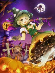Rule 34 | 3girls, animal costume, bat wings, baton, belt, blonde hair, breasts, brown eyes, cleavage, dress, closed eyes, flying, ghost tail, gloves, green dress, green eyes, green hair, grey gloves, halloween, halloween costume, hat, highres, jack-o&#039;-lantern, long hair, makuwauri, mononobe no futo, multiple girls, open mouth, ponytail, puffy short sleeves, puffy sleeves, short sleeves, silver hair, sky, small breasts, smile, soga no tojiko, star (sky), starry sky, touhou, toyosatomimi no miko, very long hair, wings, witch hat, wolf costume