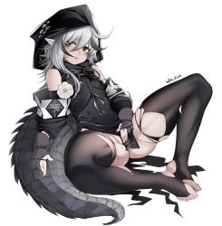 Rule 34 | 1girl, ahoge, arknights, artist name, black gloves, black hair, black sleeves, black tunic, blush, breasts, covered navel, crocodilian tail, detached sleeves, female masturbation, fingering, flower, full body, gloves, goggles, goggles around neck, grey hair, hair between eyes, highres, hood, hood up, impossible clothes, long hair, looking at viewer, masturbation, multicolored hair, parted lips, partially fingerless gloves, partially visible vulva, pointy ears, pussy juice, simple background, small breasts, solo, spread legs, streaked hair, tail, thighhighs, toeless legwear, tomimi (arknights), torn clothes, white background, white flower, wilsn koon, yellow eyes