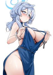 Rule 34 | 1girl, ako (blue archive), ako (dress) (blue archive), backless dress, backless outfit, blue archive, blue dress, blue eyes, blue hair, blue halo, breasts, clothes pull, cuffs, dress, dress pull, halo, handcuffs, highres, jewelry, large breasts, looking at viewer, official alternate costume, picter, short hair, sideboob, sideless dress, single handcuff, sleeveless, sleeveless dress, solo