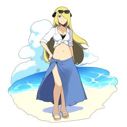 Rule 34 | 1girl, absurdres, alternate costume, blonde hair, breasts, cleavage, closed mouth, collared shirt, commentary, creatures (company), cynthia (pokemon), day, eyelashes, eyewear on head, game freak, grey eyes, hair over one eye, hand on own hip, highres, knees, long hair, medium breasts, melon san, navel, nintendo, outdoors, pokemon, pokemon dppt, sand, sandals, sarong, shirt, shore, smile, solo, standing, sunglasses, tied shirt, water, white shirt