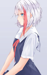 Rule 34 | 1girl, admiral graf spee (azur lane), azur lane, black dress, blue eyes, blush, collared dress, commentary request, dress, grey background, looking away, multicolored hair, neck ribbon, neet co., parted bangs, parted lips, red hair, red ribbon, ribbon, school uniform, shirt, short sleeves, silver hair, simple background, sleeveless, sleeveless dress, solo, streaked hair, white shirt