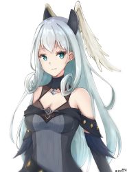 Rule 34 | 1girl, 2022, bare shoulders, blue eyes, breasts, cleavage, covered collarbone, crossed bangs, curly hair, feathered wings, head wings, highres, long hair, medium breasts, melia antiqua, open mouth, shi-on, silver hair, simple background, smile, solo, turtleneck, twitter username, very long hair, white background, wings, xenoblade chronicles (series), xenoblade chronicles 3, yellow wings