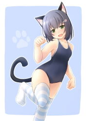 Rule 34 | 1girl, :d, animal ear fluff, animal ears, bare arms, bare shoulders, black hair, blue background, blue one-piece swimsuit, breasts, cat ears, cat girl, cat tail, commentary request, feet out of frame, green eyes, hair between eyes, hair ornament, hairclip, hand up, head tilt, highres, looking at viewer, new school swimsuit, no shoes, one-piece swimsuit, open mouth, original, outline, paw hair ornament, paw pose, school swimsuit, shibacha, small breasts, smile, solo, standing, standing on one leg, striped clothes, striped thighhighs, swimsuit, tail, thighhighs, two-tone background, white background, white outline