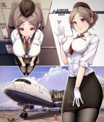 Rule 34 | 1girl, absurdres, aircraft, airplane, between breasts, black headwear, black pantyhose, breasts, brown hair, dress, flight attendant, from above, gloves, hay, highres, impossible clothes, large breasts, multiple views, necktie, necktie between breasts, original, pantyhose, parted bangs, pencil dress, pencil skirt, purple eyes, senjouhara nira, shirt, sitting, skirt, standing, thighs, travel attendant, waving, white gloves, white shirt