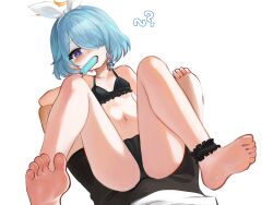 Rule 34 | 1girl, arona (blue archive), bare legs, bare shoulders, barefoot, bikini, black bikini, blue archive, blue eyes, blue hair, braid, breasts, cameltoe, collarbone, commentary request, dokomon, food, hair over one eye, hair ribbon, hairband, halo, highres, holding, holding food, korean commentary, korean text, lying, multicolored hair, navel, on back, pink hair, popsicle, ribbon, simple background, single braid, small breasts, soles, solo, swimsuit, toes, translation request, two-tone hair, white background, white hairband, white ribbon