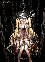 Rule 34 | 1girl, blonde hair, bug, cage (object), chain, child, dress, hook, indoors, looking at viewer, original, pink eyes, sitting, spider, ume (illegal bible)