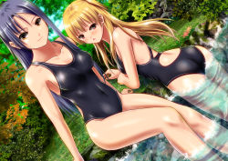 Rule 34 | 2girls, alisa reinford, ano hito, ass, blonde hair, blush, breasts, competition swimsuit, day, dutch angle, eiyuu densetsu, falcom, female focus, from behind, laura s. arseid, long hair, looking at viewer, looking back, multiple girls, nature, one-piece swimsuit, orange eyes, outdoors, partially submerged, purple hair, red eyes, sen no kiseki, swimsuit, twintails, two side up, water
