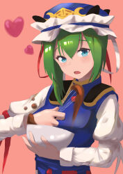 Rule 34 | 1girl, absurdres, asymmetrical hair, blue eyes, blue hat, blue vest, chocolate, chocolate making, commentary, epaulettes, frilled hat, frills, green hair, hat, heart, highres, juliet sleeves, long sleeves, looking at viewer, mixing bowl, open mouth, pink background, puffy sleeves, raian macaroni, shiki eiki, simple background, solo, touhou, upper body, vest, whisk