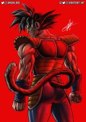 Rule 34 | 1boy, armor, bardock, black hair, commentary, daffduff, dragon ball, dragonball z, english commentary, facial scar, highres, male focus, monkey tail, muscular, red background, saiyan armor, scar, scar on cheek, scar on face, short hair, simple background, skin tight, smile, solo, spiked hair, tail