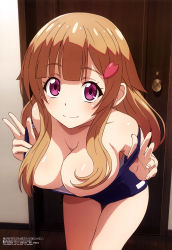 Rule 34 | 10s, 1girl, absurdres, bare legs, bare shoulders, blue one-piece swimsuit, blush, breasts, collarbone, fingerless gloves, gloves, hair ornament, hair over breasts, hair over one breast, haruyama kazunori, highres, indoors, large breasts, leaning forward, light brown hair, long hair, looking at viewer, magazine scan, megami magazine, minazuki sakura, nail polish, name tag, official art, one-piece swimsuit, ore ga suki nano wa imouto dakedo imouto janai, pink eyes, pink nails, scan, school swimsuit, shiny skin, skindentation, smile, solo, swimsuit, thigh gap, undressing, v, wooden door, wooden floor