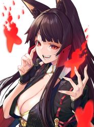Rule 34 | 1girl, :d, akagi (azur lane), animal ears, azur lane, black hair, breasts, brown hair, cleavage, costume request, fang, finger to face, fingerless gloves, fingernails, fox ears, fox tail, gloves, hair ornament, highres, japanese clothes, kimono, large breasts, long fingernails, long hair, looking at viewer, mikan (chipstar182), open mouth, red eyes, sidelocks, simple background, smile, tail, teeth, white background, wide sleeves