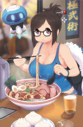 Rule 34 | 1girl, :t, alcohol, bandaid, bandaid on arm, baozi, bare shoulders, beer, bowl, bracelet, breasts, brown hair, camisole, chopsticks, cleavage, cup, drinking glass, eating, egg, egg (food), food, glasses, hair bun, hair ornament, hair stick, hardboiled egg, highres, holding, holding spoon, jewelry, large breasts, looking at viewer, magister, meat, mei (overwatch), noodles, overwatch, overwatch 1, purple eyes, ramen, shirt, single hair bun, sitting, solo, spoon, strap gap, table, tablet pc, tank top, taut clothes, taut shirt