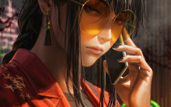 Rule 34 | 1girl, black hair, black nails, black shirt, blood, blurry, blurry background, braid, cellphone, close-up, closed mouth, depth of field, eyebrows hidden by hair, guweiz, highres, holding, holding phone, jacket, long hair, nail polish, neon lights, orange-tinted eyewear, original, phone, pink lips, red jacket, round eyewear, shirt, sidelocks, single braid, solo, sunglasses, thick eyebrows, tinted eyewear, upper body