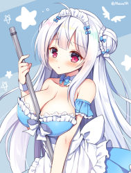 Rule 34 | 1girl, :o, apron, azur lane, bare shoulders, between breasts, blue background, blue bow, blue bowtie, blue dress, blush, bow, bowtie, braid, braided bun, breasts, cleavage, collar, cygnet (an offer to be maid) (azur lane), cygnet (azur lane), detached collar, double bun, dress, frilled apron, frills, grey background, hair bow, hair bun, hand up, holding, large breasts, long hair, looking at viewer, mauve, parted lips, pleated dress, red eyes, side bun, silver hair, solo, star (symbol), strapless, twitter username, two-tone background, very long hair, white apron, white bow, white collar, wing collar, wrist cuffs