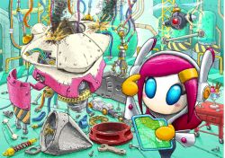 Rule 34 | 1girl, blue eyes, desk, electric plug, finger to face, food, hair ornament, hairclip, holographic interface, ice cream, kirby: planet robobot, kirby (series), mecha, nintendo, official art, pink hair, rayman limbs, repairing, robot, screw, smoke, solo, spoon, susie (kirby), wire, wrench