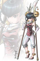 Rule 34 | 1girl, anklet, arm warmers, bell, bell earrings, black eyes, black hair, bosstseng, breasts, chinese clothes, earrings, full body, guan dao, hair bell, hair ornament, hair rings, jewelry, lin lin (one-punch man), medium breasts, one-punch man, polearm, scarf, shirt, signature, sleeveless, sleeveless shirt, solo, spear, weapon, white scarf, zoom layer