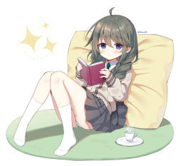 Rule 34 | 1girl, ahoge, black skirt, blue eyes, book, braid, brown cardigan, cardigan, closed mouth, collared shirt, commentary request, cup, full body, green neckwear, grey hair, hair between eyes, hair over shoulder, holding, holding book, knees together feet apart, knees up, long hair, long sleeves, looking at viewer, low twintails, mauve, no shoes, open book, panties, pillow, pleated skirt, princess connect!, puffy long sleeves, puffy sleeves, saucer, shirt, simple background, skirt, sleeves past wrists, socks, solo, sparkle, steam, twin braids, twintails, twitter username, underwear, white background, white panties, white shirt, white socks, yuni (princess connect!), yuni (real) (princess connect!)