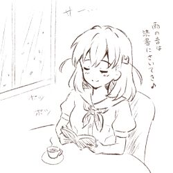 Rule 34 | 1girl, arms on table, blush, book, closed eyes, closed mouth, commentary request, crossed bangs, cup, dress, eighth note, hair ornament, hasu no sora school uniform, hinoshita kaho, holding, holding book, indoors, link! like! love live!, love live!, medium hair, monochrome, musical note, neckerchief, on chair, open book, rabbit hair ornament, rain, sailor collar, sailor dress, saucer, school uniform, short sleeves, sitting, sketch, smile, solo, sound effects, split mouth, summer uniform, teacup, translation request, u u, white background, window, yutuki ame