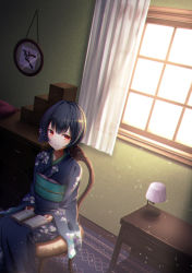 Rule 34 | 1girl, blue hair, blue kimono, book, carpet, chair, closed mouth, curtains, drawer, fall (5754478), floral print, flower, hair flower, hair ornament, highres, idolmaster, idolmaster shiny colors, indoors, japanese clothes, kimono, lamp, light, looking at viewer, morino rinze, obi, painting (object), red eyes, sash, short hair, solo, table, window
