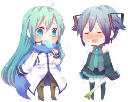 Rule 34 | 1boy, 1girl, ahoge, aqua eyes, aqua hair, black skirt, blue hair, blue scarf, blush, chibi, closed eyes, cosplay, costume switch, crossdressing, detached sleeves, eating, fang, food, hatsune miku, hatsune miku (cosplay), kaito (cosplay), kaito (vocaloid), long hair, miniskirt, necktie, niwako, open mouth, pleated skirt, popsicle, scarf, shaking, simple background, skirt, sleeves past wrists, spring onion, sweat, thighhighs, trap, trembling, twintails, very long hair, vocaloid