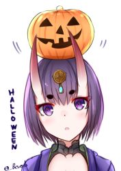 Rule 34 | 1girl, :o, absurdres, bee doushi, blush, commentary request, fate/grand order, fate (series), hair between eyes, hair ornament, halloween, head tilt, highres, horns, jack-o&#039;-lantern, on head, oni, parted lips, portrait, purple eyes, purple hair, shuten douji (fate), skin-covered horns, solo, thick eyebrows, twitter username, white background