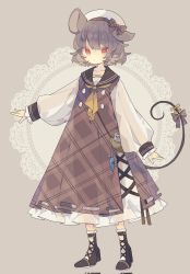 Rule 34 | 1girl, animal ears, black bow, black footwear, boots, bow, corrupted twitter file, cross-laced footwear, dress, full body, grey background, grey hair, hat, highres, jewelry, long sleeves, mouse ears, mouse tail, nazrin, nikorashi-ka, pendant, plaid, red eyes, sailor collar, shirt, short hair, skirt, solo, standing, tail, tail bow, tail ornament, touhou