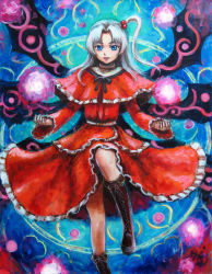 Rule 34 | 1girl, blue eyes, boots, capelet, dress, female focus, hair bobbles, hair ornament, long hair, md5 mismatch, mystic square, oil painting (medium), painting (medium), resolution mismatch, shinki (touhou), side ponytail, silver hair, solo, source larger, tafuto, touhou, touhou (pc-98), traditional media, wings