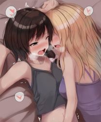 Rule 34 | 2girls, after kiss, babydoll, bed sheet, black hair, blonde hair, blush, breasts, breath, camisole, fumei (mugendai), holding hands, heart, heavy breathing, implied fingering, kiss, long hair, lying on person, maribel hearn, medium breasts, multiple girls, one eye closed, open mouth, pillow, saliva, saliva trail, short hair, small breasts, spoken heart, tank top, touhou, trembling, usami renko, yellow eyes, yuri