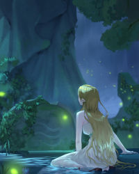 Rule 34 | 1girl, bare arms, bare shoulders, blonde hair, breasts, dress, facing away, giant tree, highres, kneeling, long dress, long hair, medium breasts, nintendo, outdoors, phina (jinahou), plant, pointy ears, princess zelda, soaking hands, solo, strapless, strapless dress, the legend of zelda, the legend of zelda: breath of the wild, tree, wet, wet clothes, wet hair, white dress