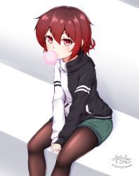 Rule 34 | 1girl, alternate costume, black jacket, black pantyhose, blush, chewing gum, feet out of frame, green shorts, hair between eyes, highres, jacket, kantai collection, long sleeves, looking at viewer, multicolored clothes, multicolored jacket, mutsuki (kancolle), pantyhose, red eyes, red hair, short hair, shorts, signature, sitting, solo, two-tone jacket, white jacket, zanne