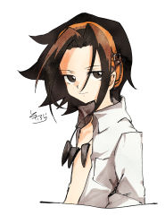 Rule 34 | 1boy, absurdres, asakura yoh, black hair, brown hair, closed mouth, collared shirt, cropped torso, headphones, highres, huge filesize, light smile, looking at viewer, male focus, multicolored hair, open clothes, open shirt, shaman king, shirt, signature, simple background, sofra, solo, two-tone hair, upper body, white background, white shirt