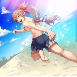 Rule 34 | 1boy, back, cloud, day, fire emblem, fire emblem fates, from behind, grey hair, hair ribbon, kozaki yuusuke, lens flare, long hair, looking back, male focus, nintendo, official art, open mouth, over shoulder, palm tree, ponytail, ribbon, running, sand, sky, smile, solo, takumi (fire emblem), tree, very long hair